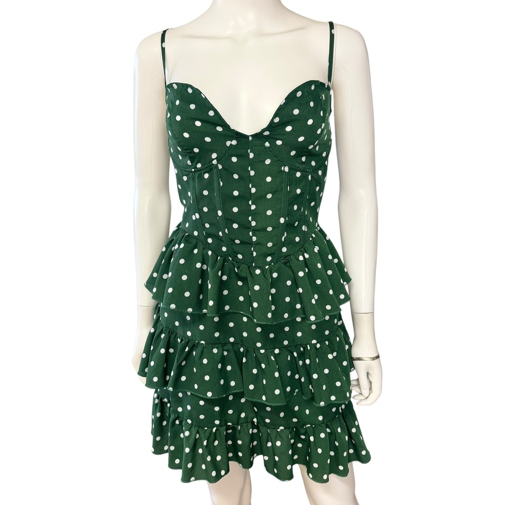 PrettyLittleThing Babydoll Polka Dot Tier Dress Basque Waist Corset Coquette 12